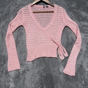 Vintage Smudge Sweater  Womens S Y2k Babydoll Wrap v Neck Pink Open Knit Lace
